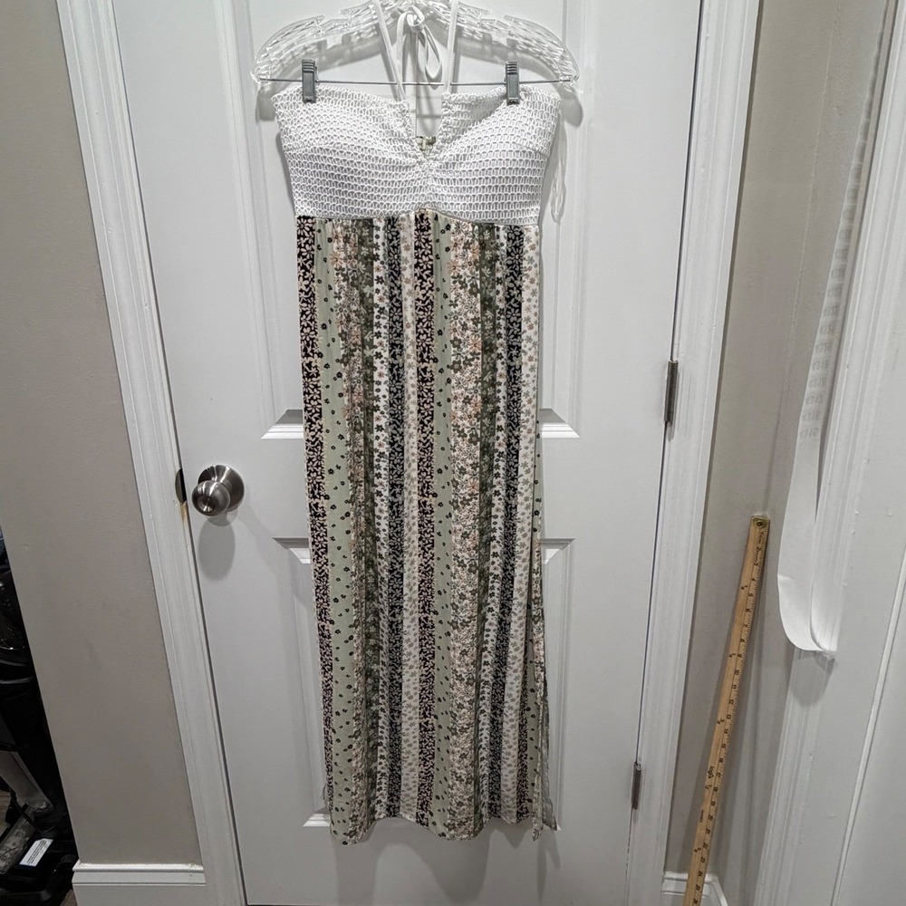 Derek Heart Womens Maxi Dress Crochet Halter Floral Stripe Green Large
